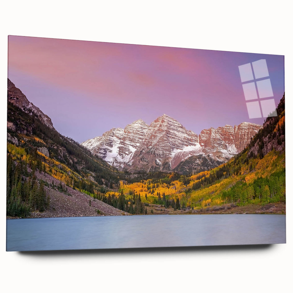 Acrylic print of Maroon Bells, Colorado with vivid autumn colors, ideal for bedroom or dining room decor.