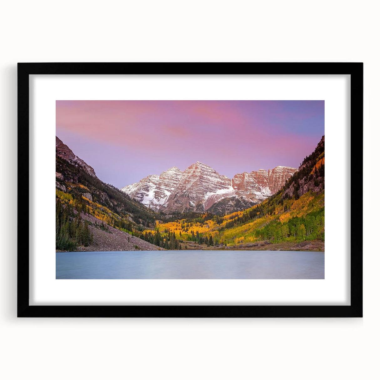 Extra large framed wall art of abstract Maroon Bells scenery in vibrant, textured colors, ideal for living room decor.