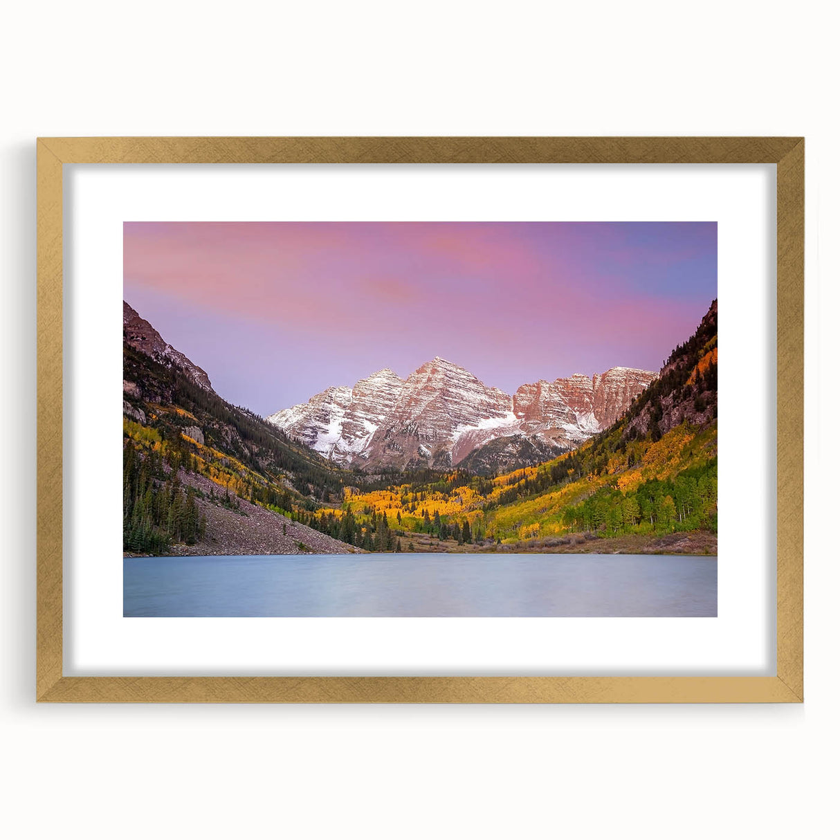 Extra large wall art depicting Maroon Bells, Colorado, in vibrant autumn colors on a framed canvas.