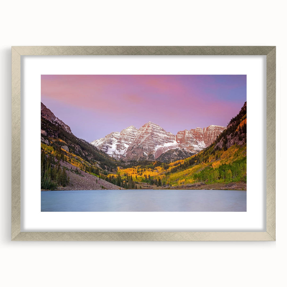 Textured art of Maroon Bells, Colorado in muted earth tones on a framed silver mat, ideal for bedroom decor.
