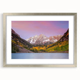 Textured art of Maroon Bells, Colorado in muted earth tones on a framed silver mat, ideal for bedroom decor.