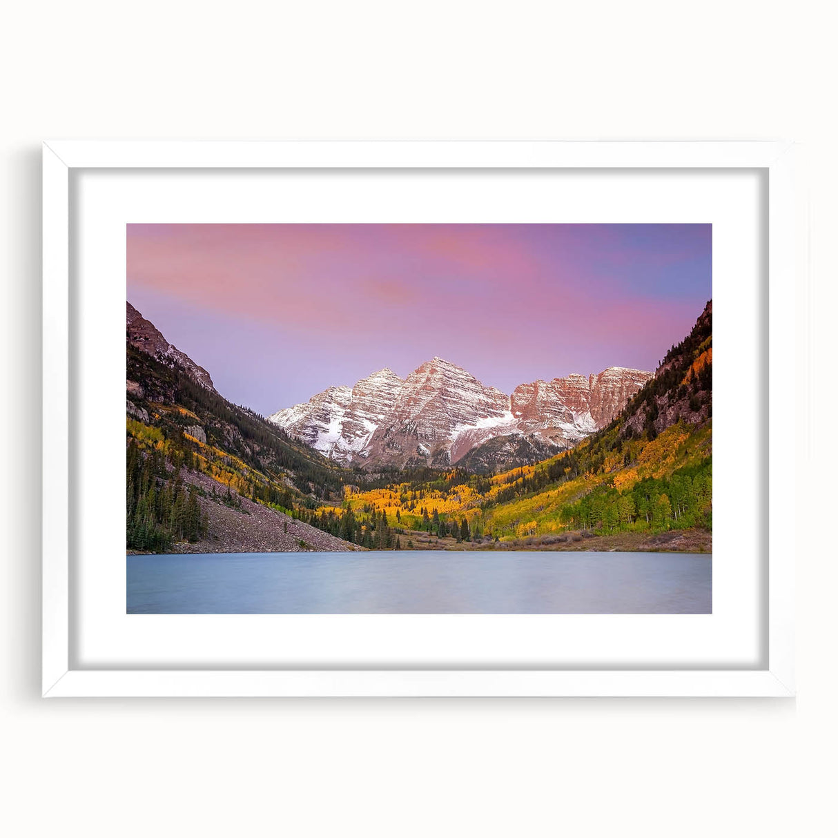 Abstract art print of Maroon Bells, Colorado, in muted earth tones on a framed canvas, ideal for dining room decor.