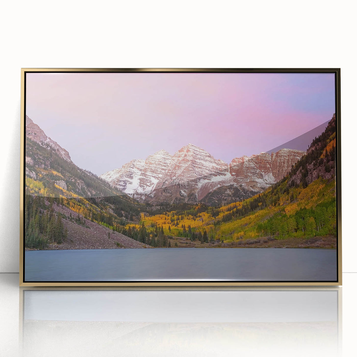 Mid-century modernist art of Maroon Bells, Colorado, in autumn on a framed acrylic print, suited for modern art wall decor.