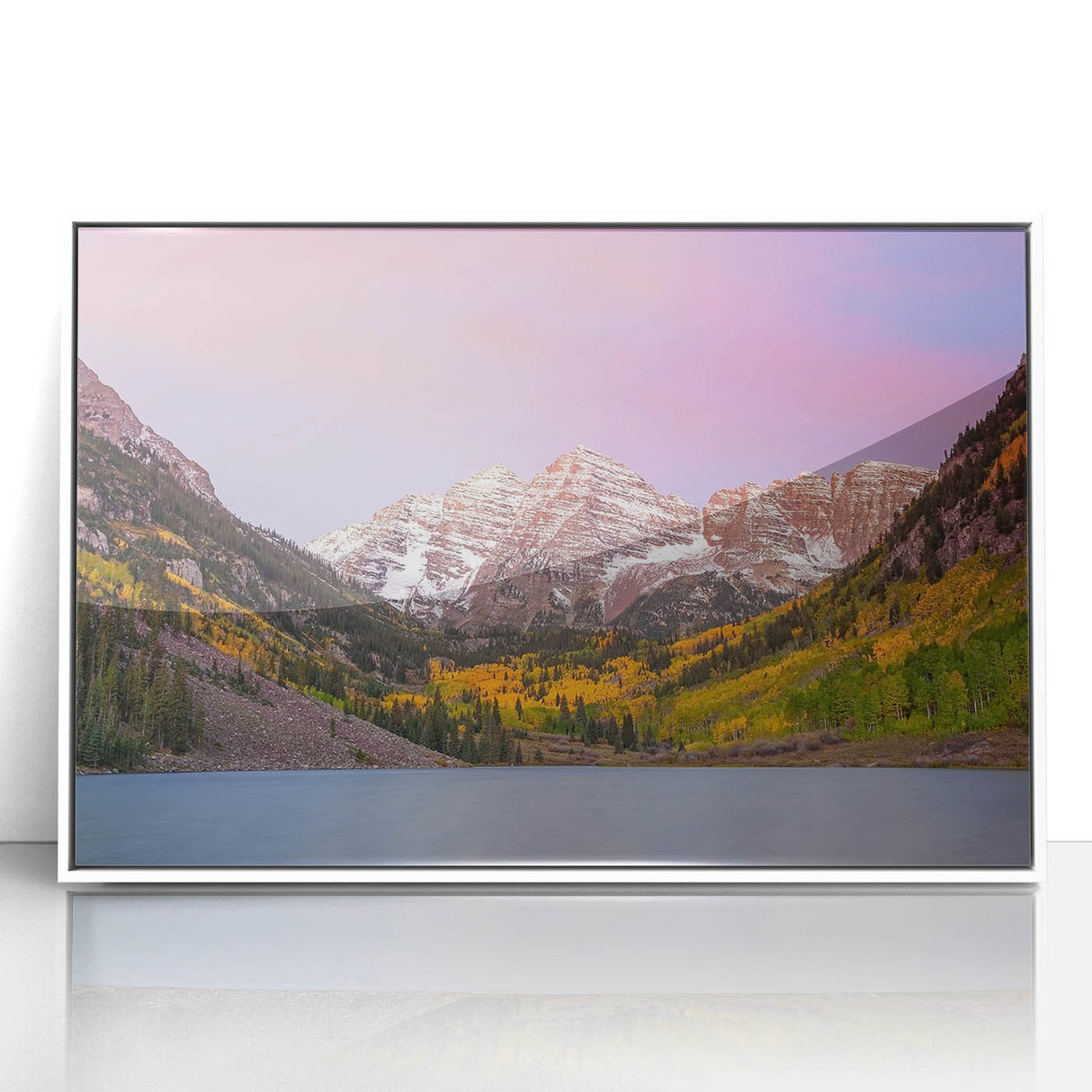 Acrylic print of Maroon Bells, Colorado, in muted natural tones, framed in white, suitable for modern art wall decor.