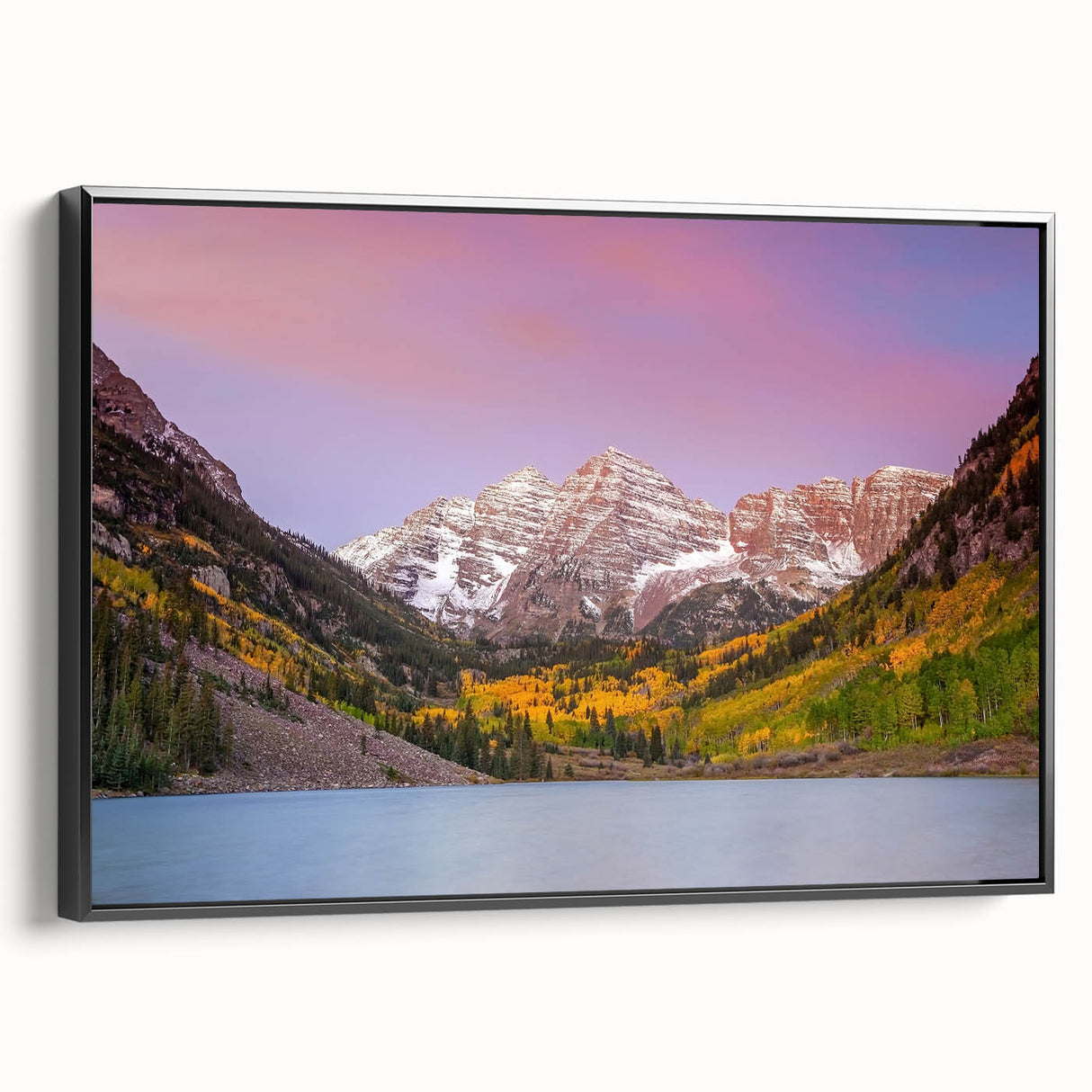 Black and white wall art of Maroon Bells, Colorado landscape on framed canvas, ideal for bedroom decor.