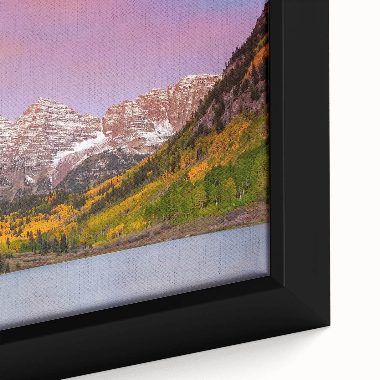 Extra large framed canvas of Maroon Bells, Colorado, featuring textured colorful art on a black background.