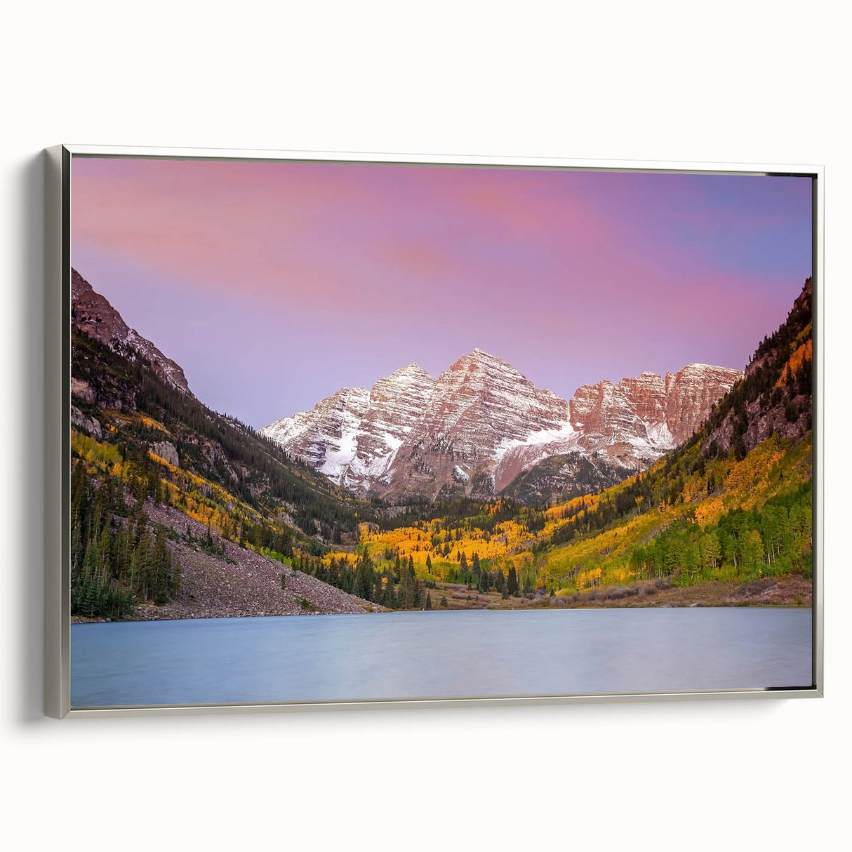 Framed canvas of Maroon Bells, Colorado, featuring vibrant autumn colors, ideal for living room decor.