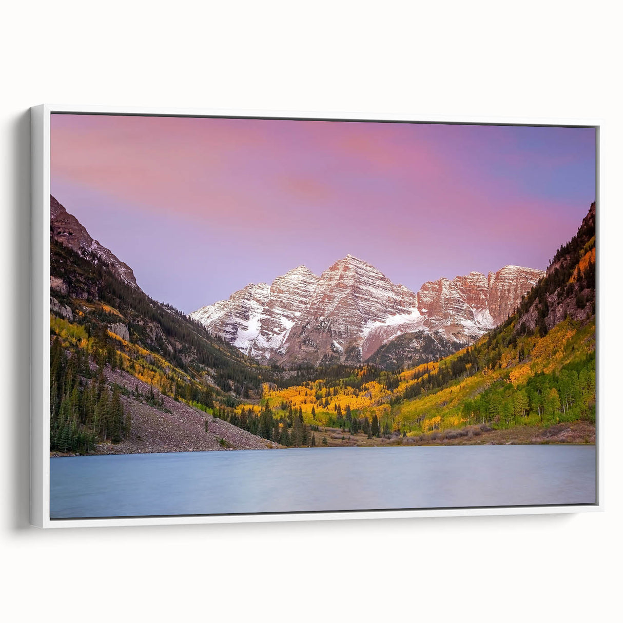 Vintage poster art of Maroon Bells, Colorado in vibrant colors on a large framed canvas, ideal for living room decor.