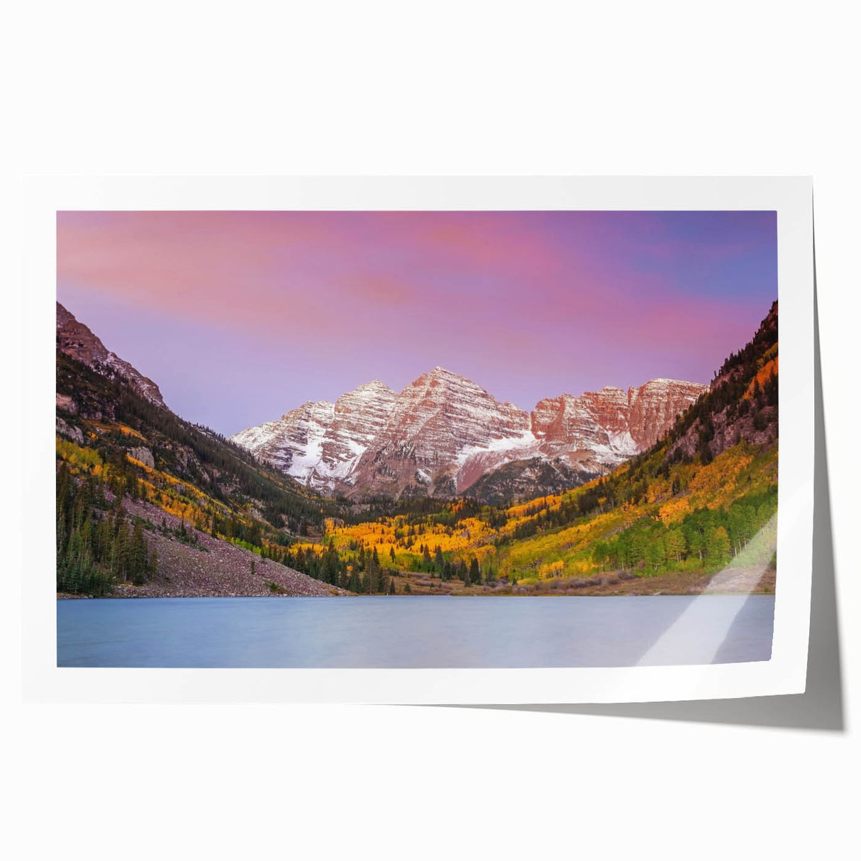 Maroon Bells mountain scene in autumn on rolled print, featuring vivid fall colors, ideal for art wall dining room.