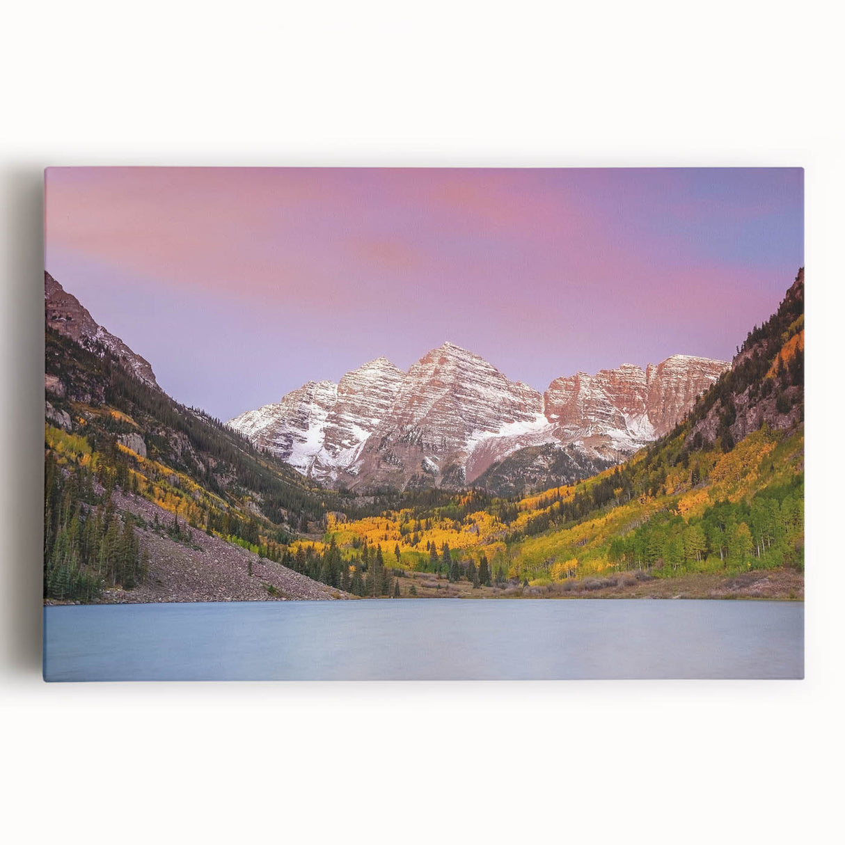 Black and white photo of Maroon Bells, Colorado, on stretched canvas, suitable for kitchen art.
