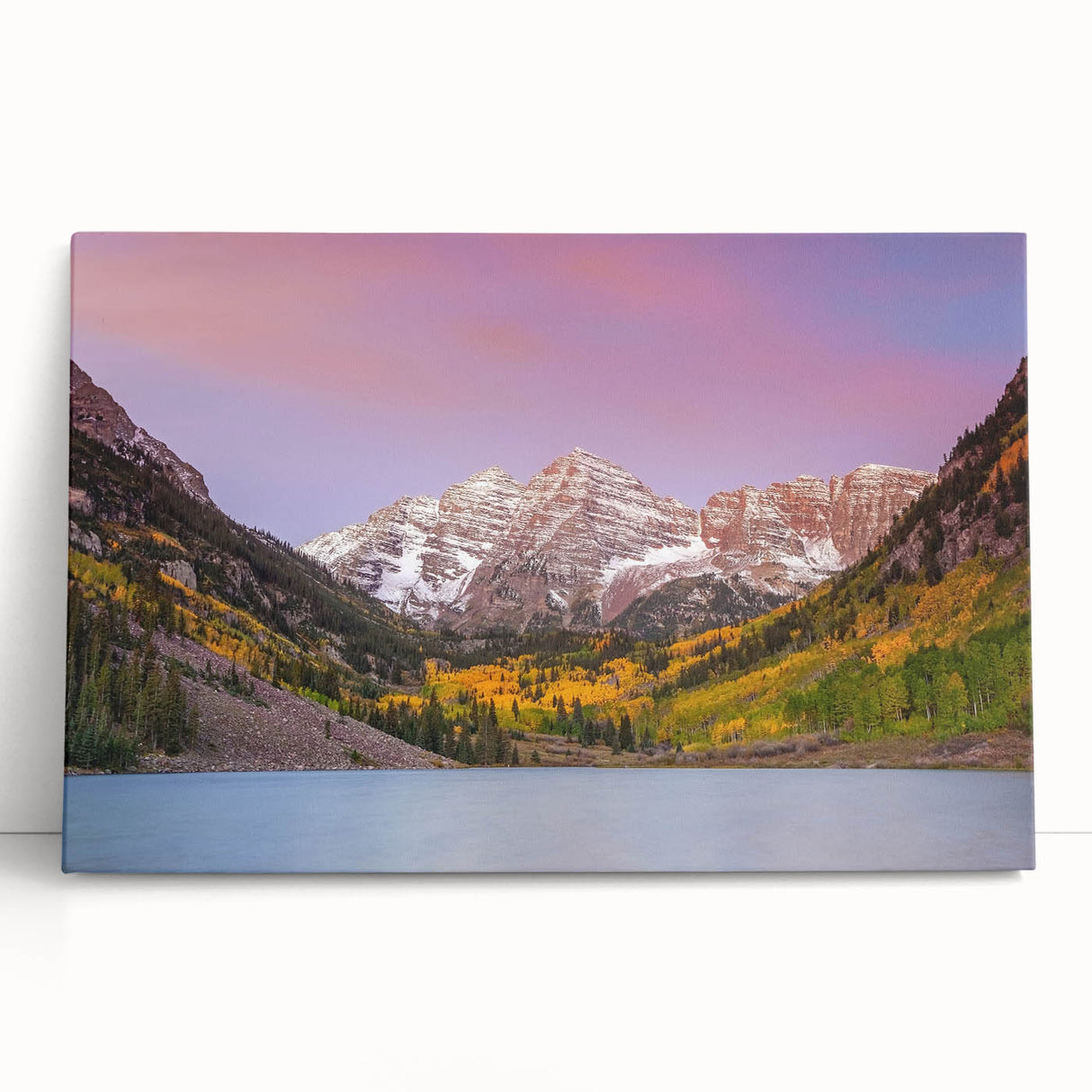 Black and white photograph of Maroon Bells in Colorado on stretched canvas, ideal for kitchen wall art.