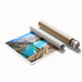 Extra large wall art depicting the Rocky Mountains in muted earth tones on a rolled canvas.