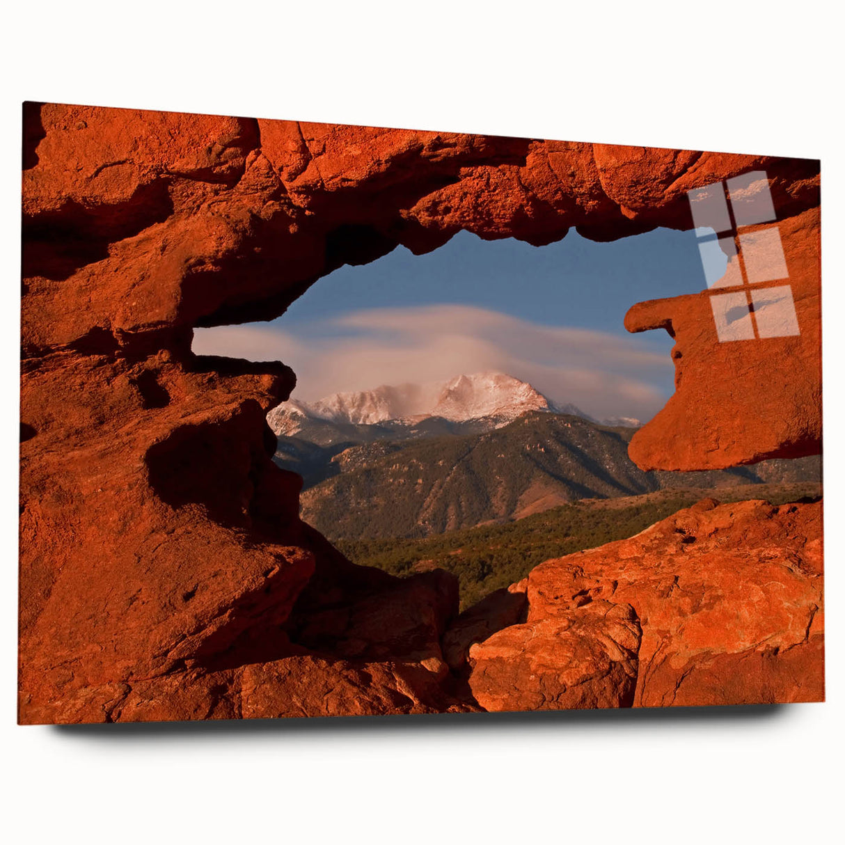 Large abstract wall art of Colorado Springs in muted earth tones on acrylic glass, ideal for bedroom or dining room decor.