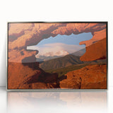 Mid-century modernist art depicting Colorado Springs scenery in muted earth tones on a framed acrylic panel.