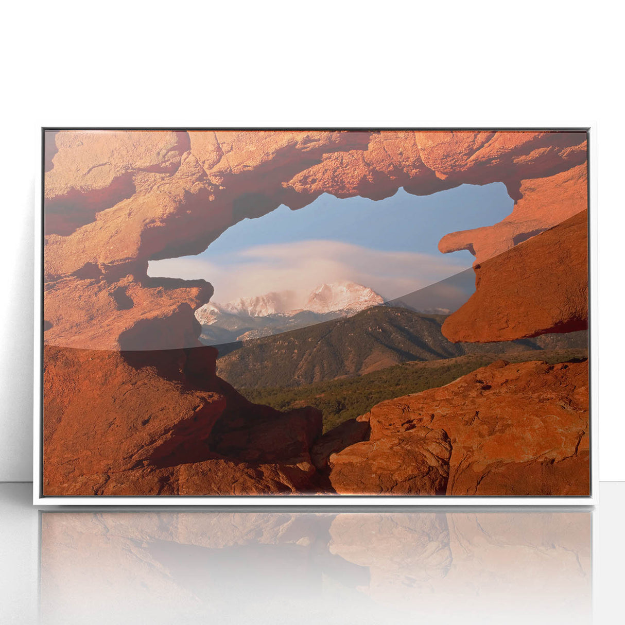 Acrylic print of Colorado Springs scenery in art deco style with pastel colors, ideal for modern nursery wall art.