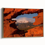Framed canvas wall art depicting Colorado Springs landscape in muted gold and black tones, suitable for bedroom decor.
