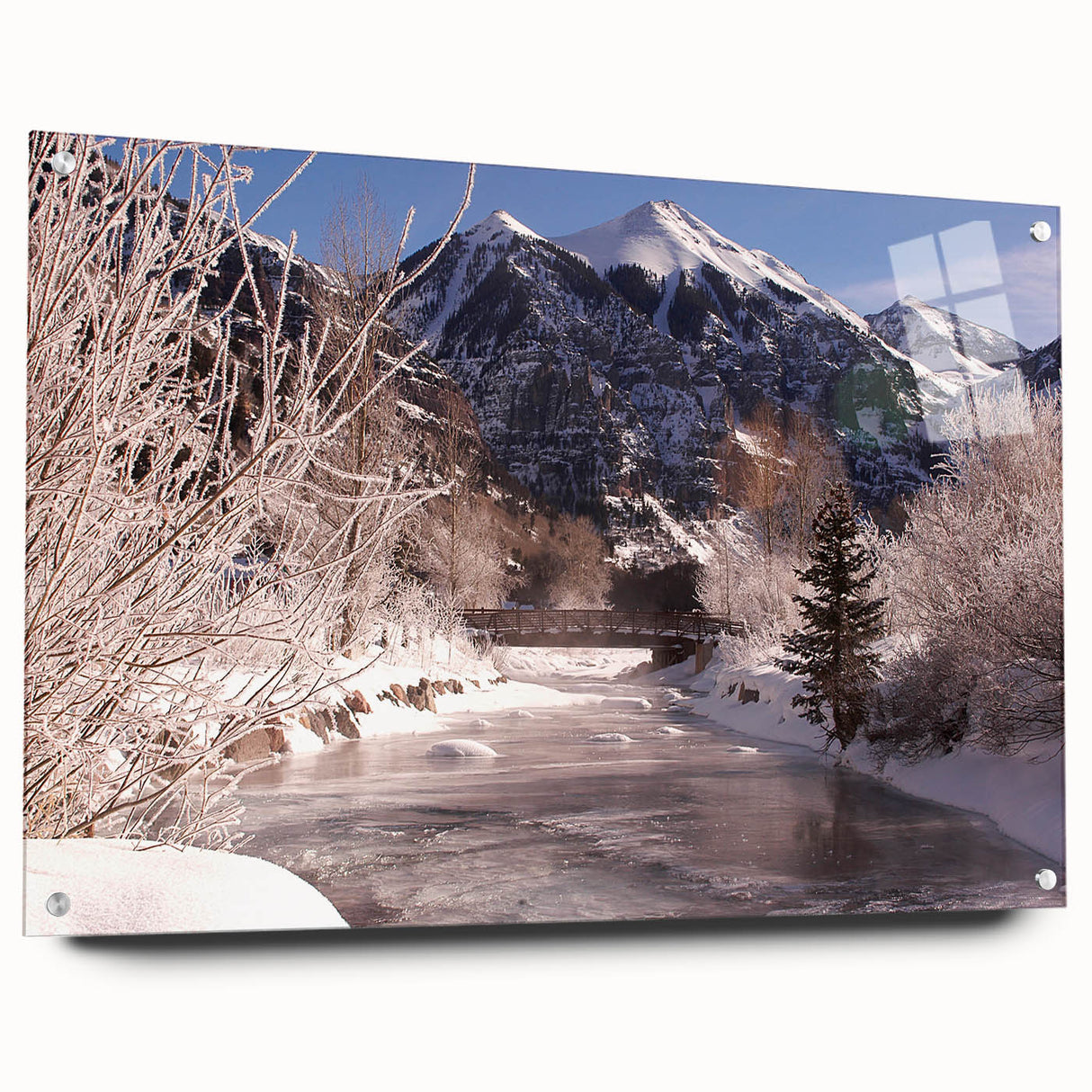 Abstract landscape of Telluride, Colorado in muted earth tones on acrylic glass, suitable for bedroom or dining room decor.