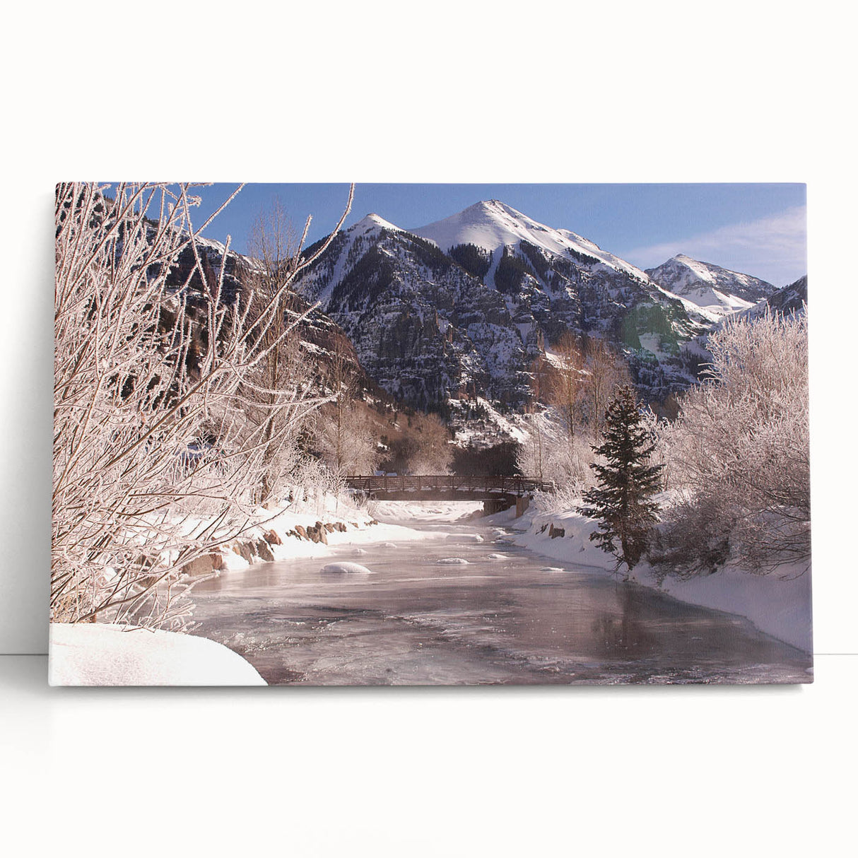 Black and white scenic photograph of Telluride, Colorado on stretched canvas.