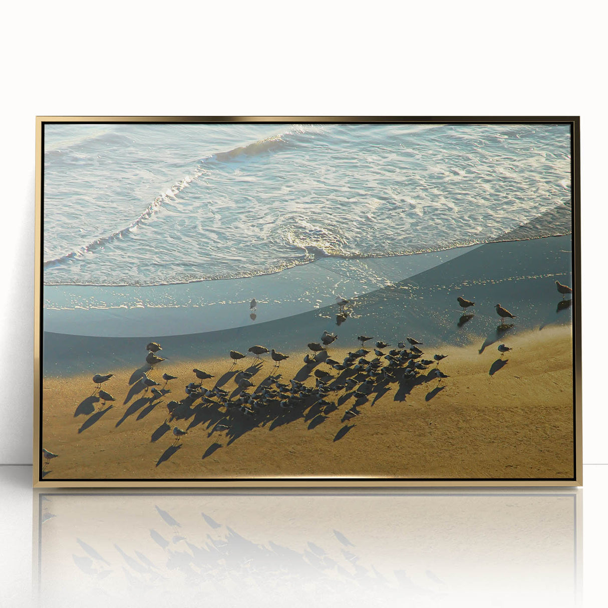 Mid-century modernist Daytona scenery in muted gold and blue tones on a framed acrylic, suitable for modern art wall decor.