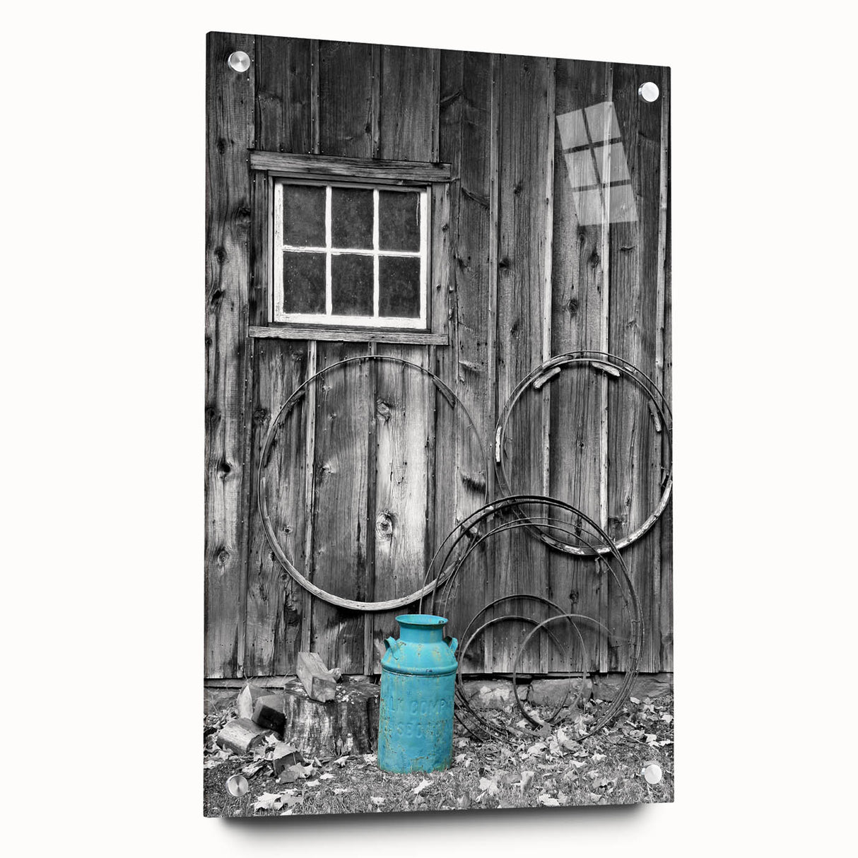 Large abstract wall art of Delaware scenery on acrylic glass, with a side view, featuring cool blue and green tones.