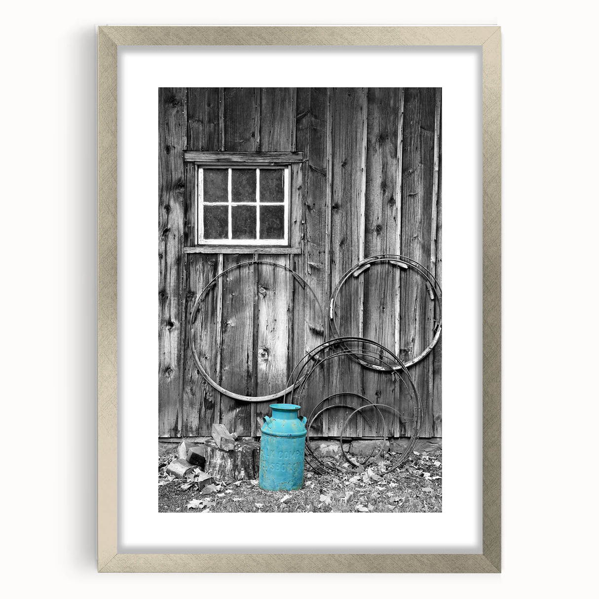 Textured art print of an abstract Delaware scenery in muted blue and green, framed in silver, ideal for bedroom decor.
