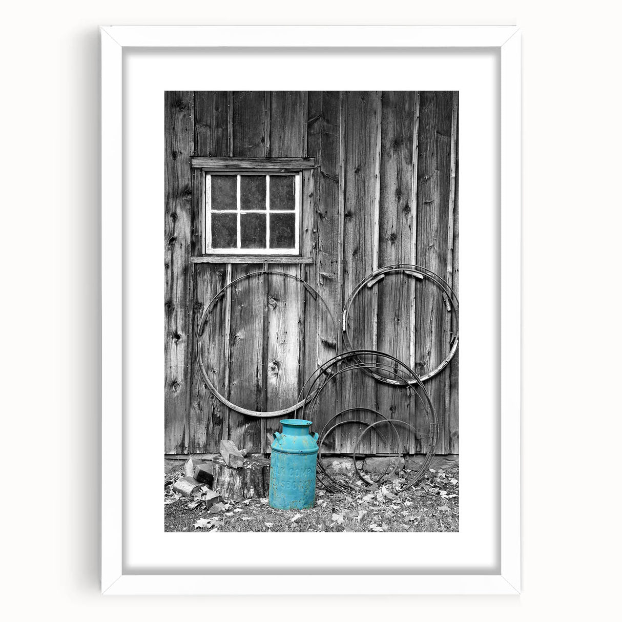Abstract art print of Delaware scenery in muted green and blue tones, framed with a white mat.