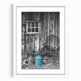 Abstract art print of Delaware scenery in muted green and blue tones, framed with a white mat.