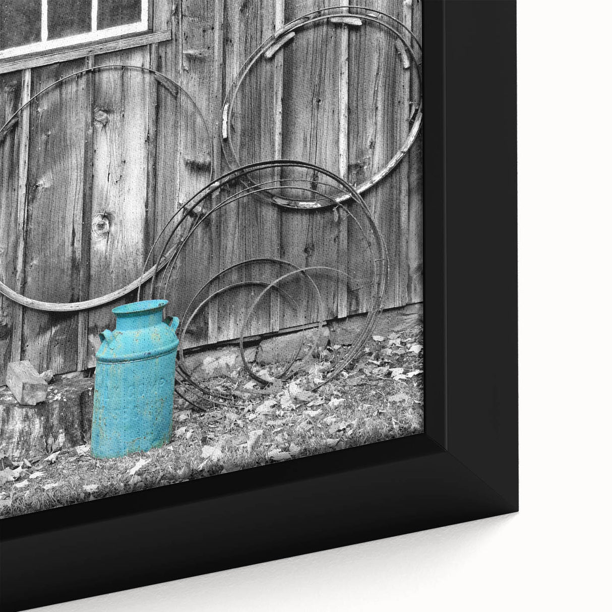 Close-up of black wall art featuring a textured Delaware scenery on a framed canvas with colorful accents.