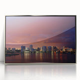 Mid-century modernist art of Fort Lauderdale skyline in pastel shades, framed acrylic, ideal for nursery wall art.