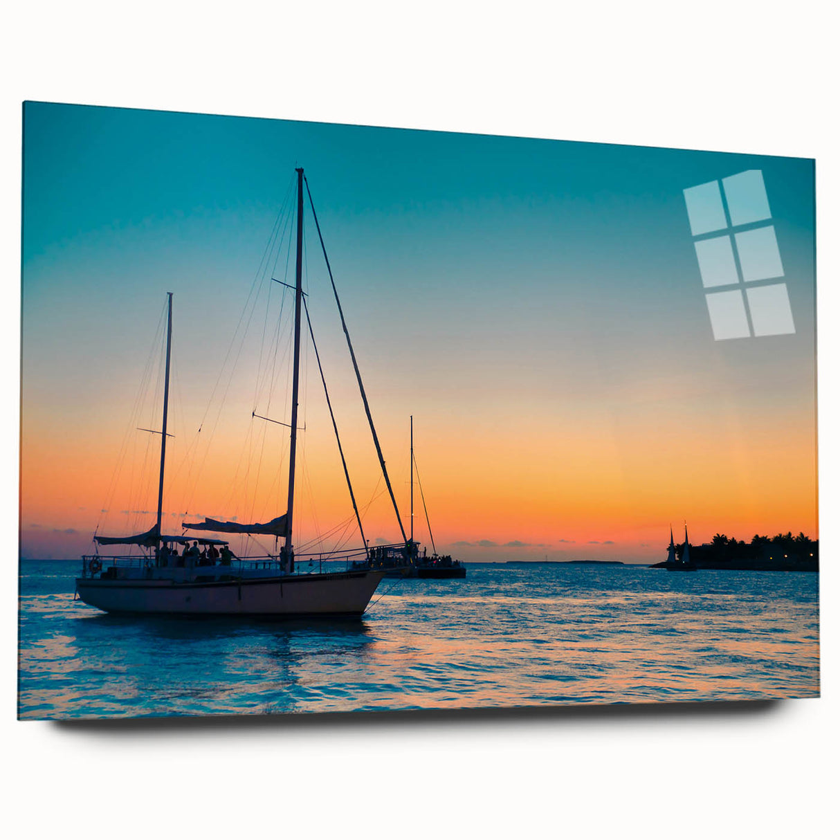 Acrylic print of a large abstract depiction of the Florida Keys in blue and green tones.