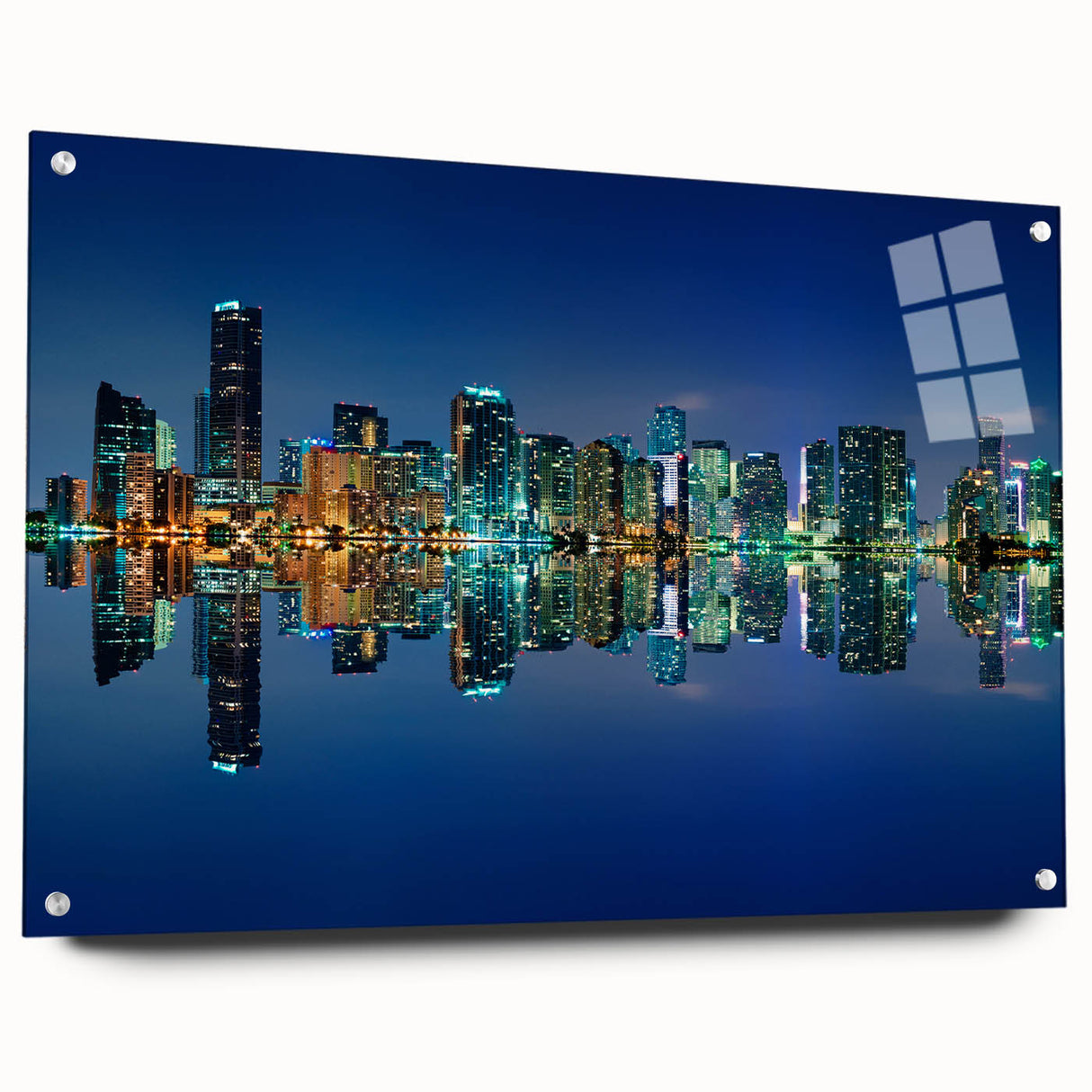 Acrylic print of a Miami skyline in vibrant sunset colors, ideal for dining room decor.