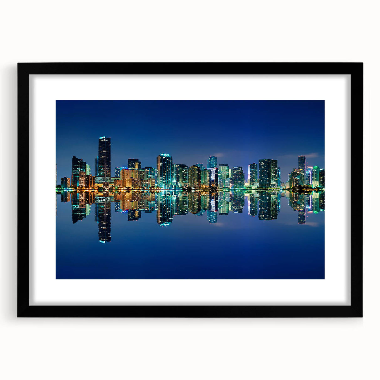 Extra large abstract art print featuring vibrant, colorful depiction of Miami scenery on a textured canvas, framed in black.