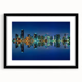 Extra large abstract art print featuring vibrant, colorful depiction of Miami scenery on a textured canvas, framed in black.