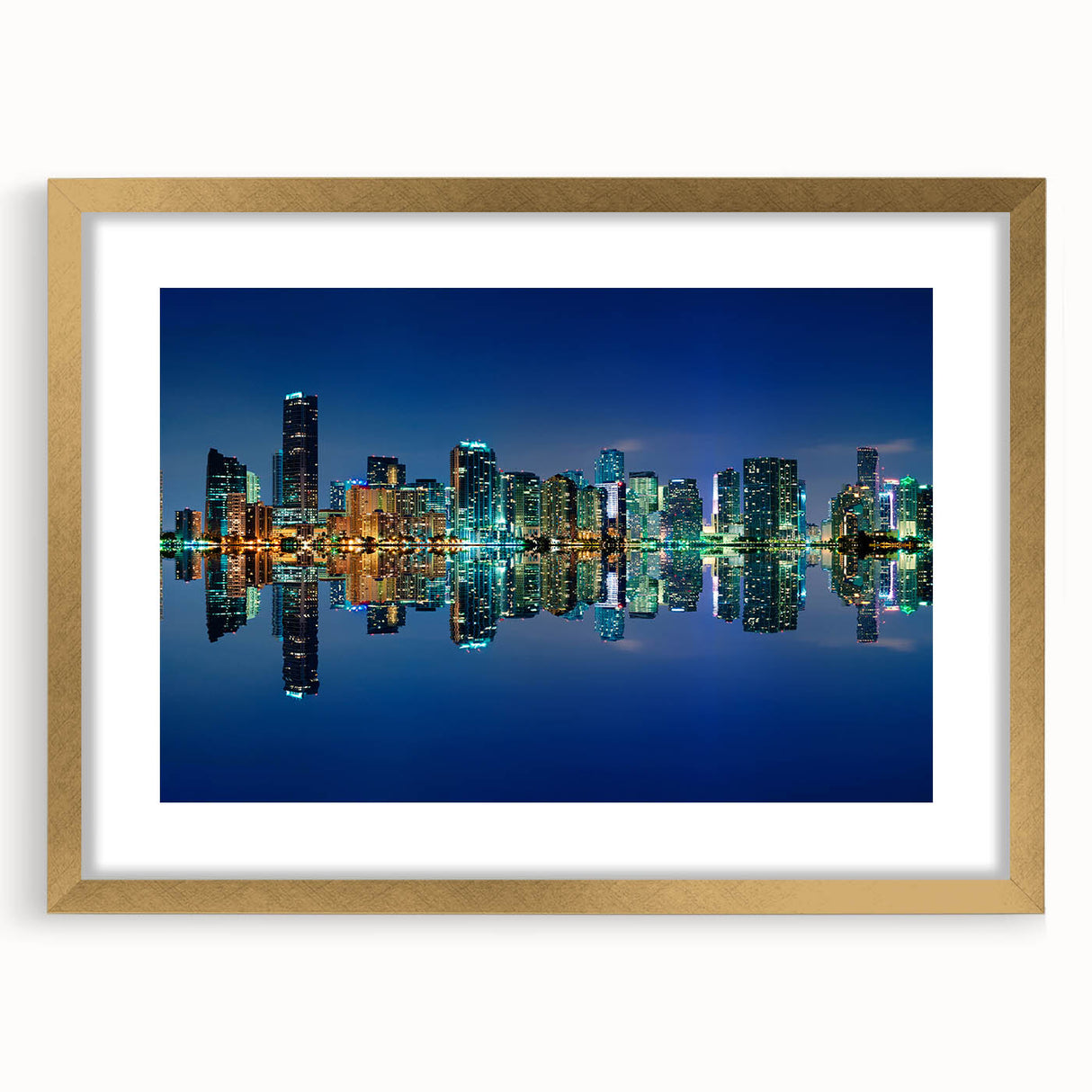 Extra large abstract art print of Miami scenery in textured gold frame, ideal for living room decor.