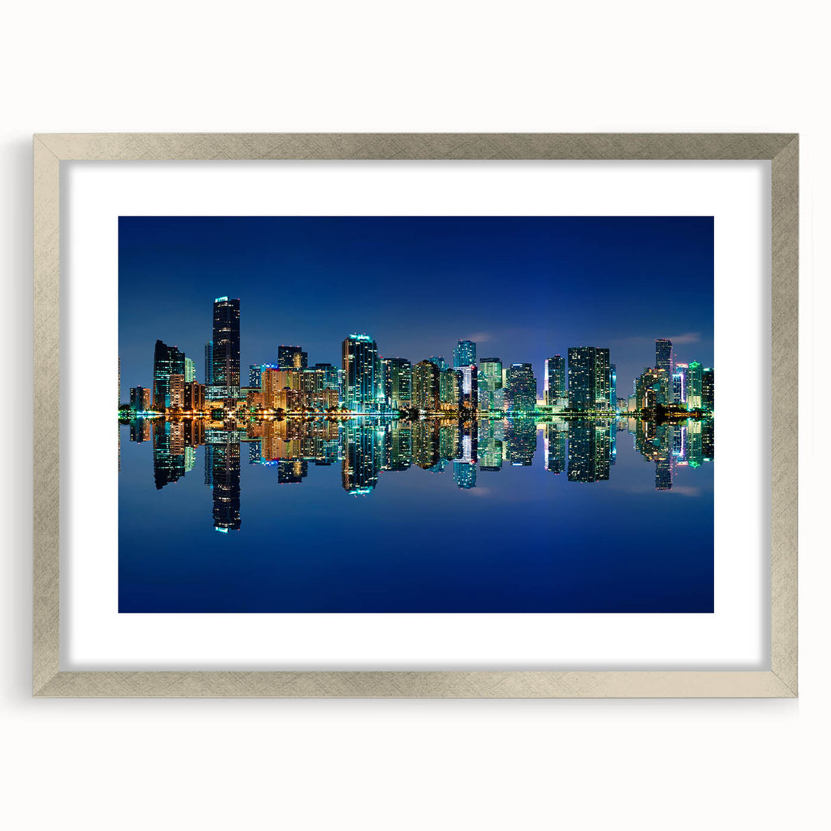 Textured art print of abstract Miami skyline in soft blue and gray tones on a framed silver mat.