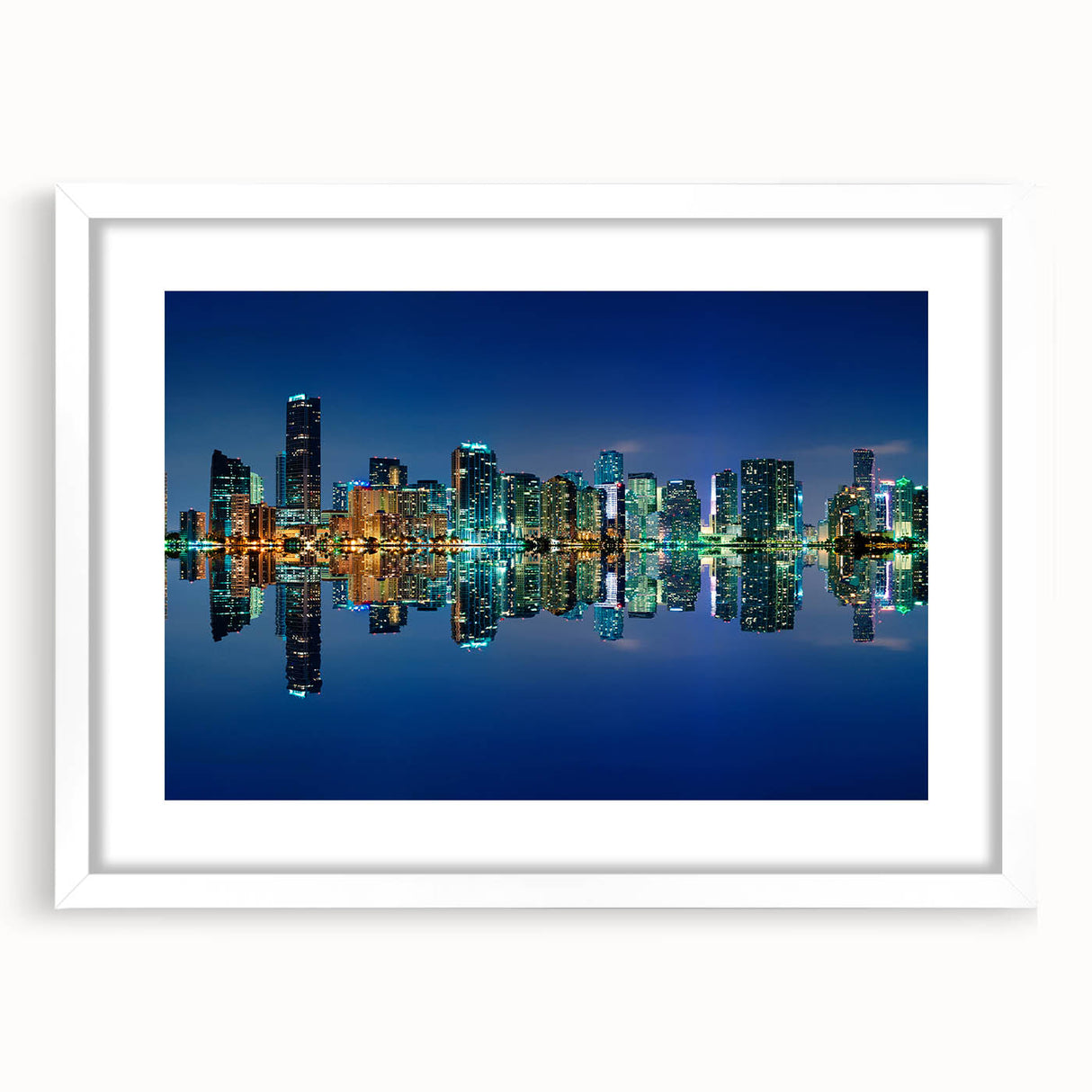 Abstract art print of Miami skyline in muted blue and pink tones on a framed white mat, ideal for dining room decor.