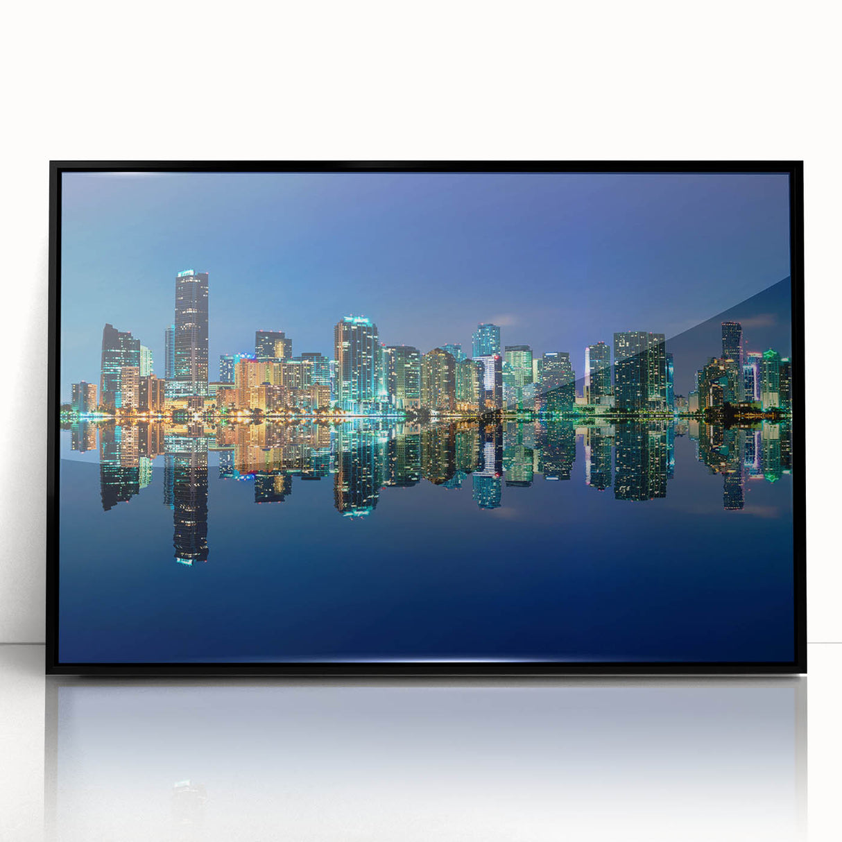 Large abstract wall art depicting Miami skyline in vibrant twilight hues, framed in black acrylic.