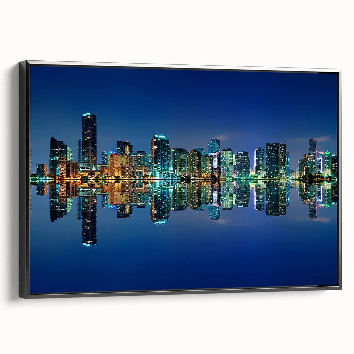 Black and white framed canvas of Miami skyline with vintage poster art style, ideal for bedroom wall decor.