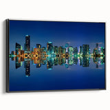 Black and white framed canvas of Miami skyline with vintage poster art style, ideal for bedroom wall decor.