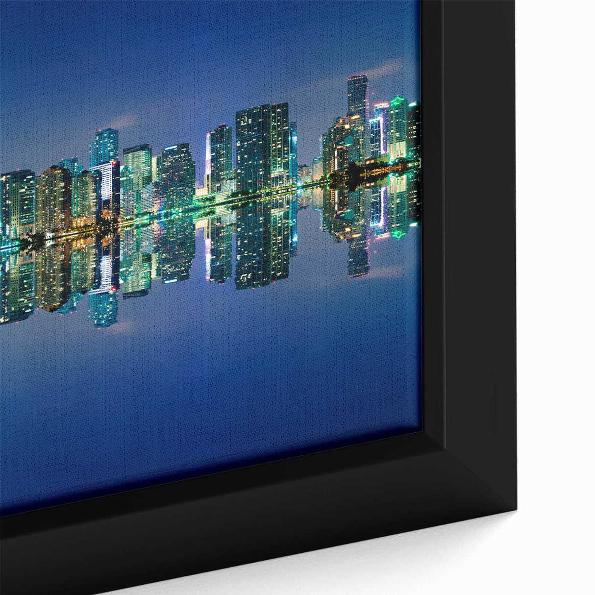 Framed canvas of a textured Miami skyline in black with colorful accents, ideal for living room decor.