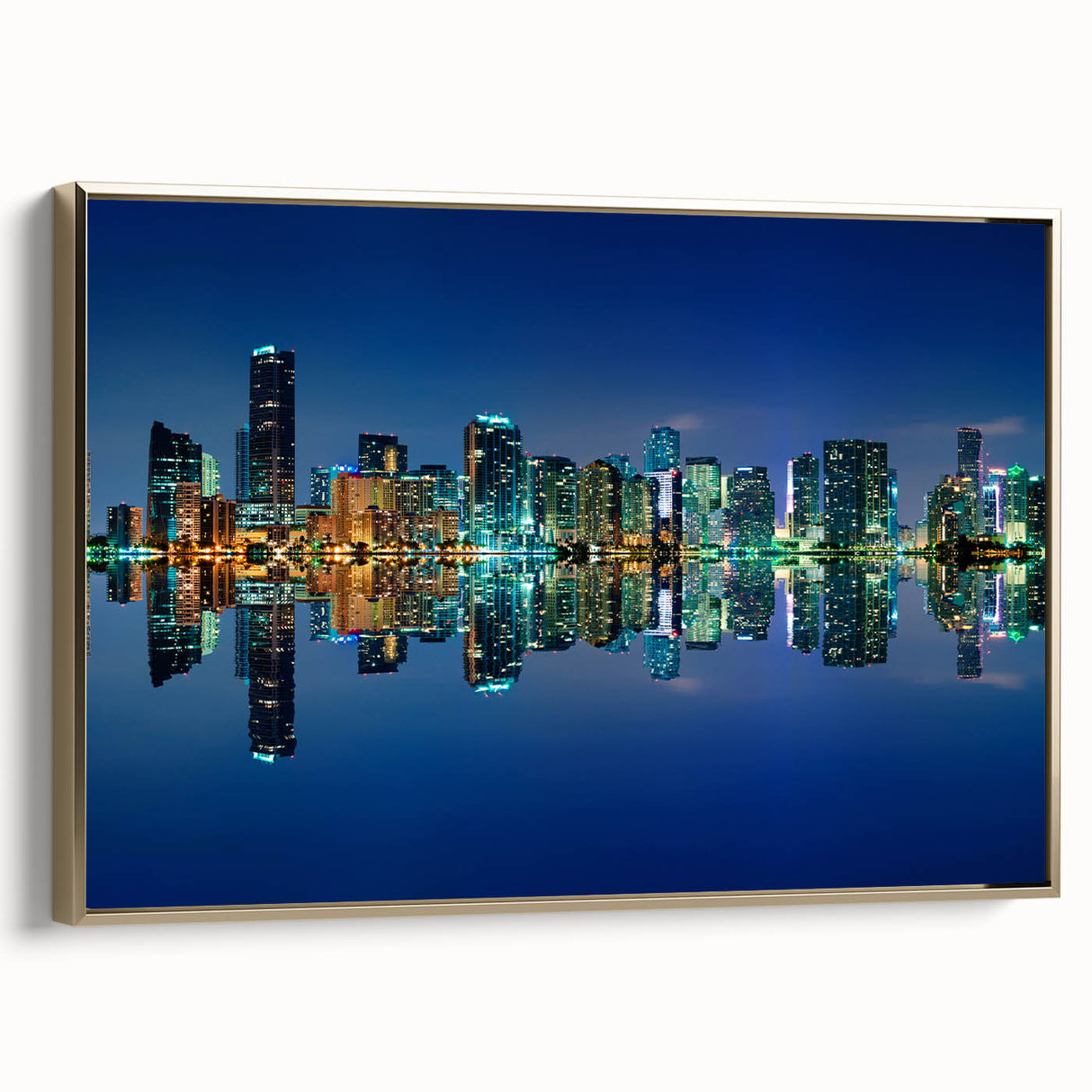 Framed canvas wall art depicting a vintage-style Miami landscape in black and gold tones, ideal for bedroom decor.