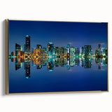 Framed canvas wall art depicting a vintage-style Miami landscape in black and gold tones, ideal for bedroom decor.