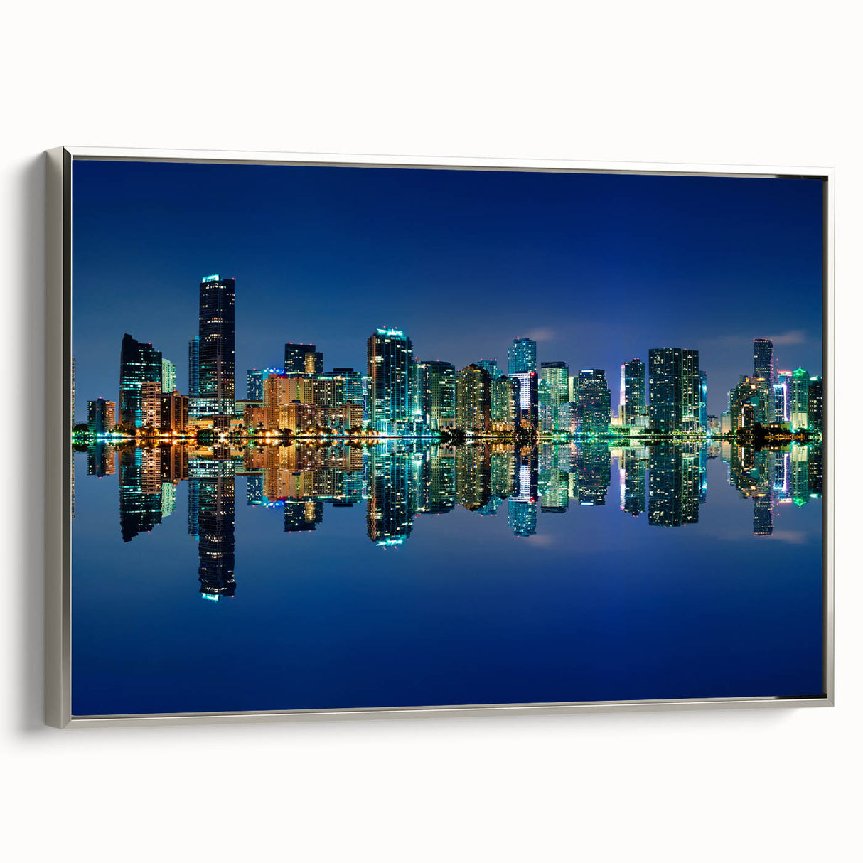 Framed canvas featuring a vintage-style landscape painting of Miami with colorful art and black accents.