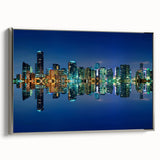 Framed canvas featuring a vintage-style landscape painting of Miami with colorful art and black accents.