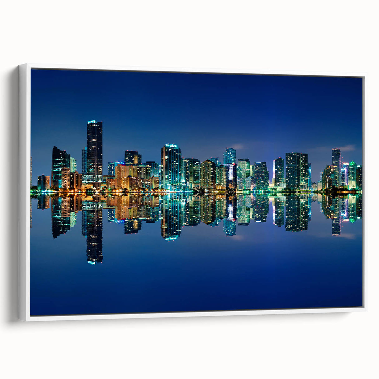 Vintage poster art of Miami skyline in colorful hues on extra large framed canvas, ideal for living room decor.