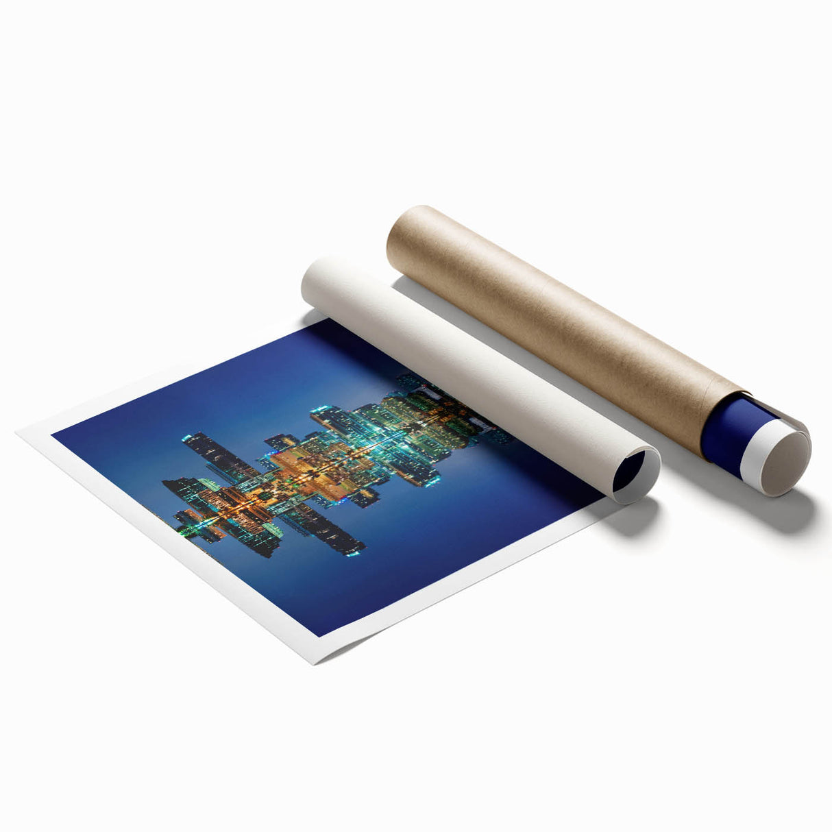 Extra large rolled print of Miami skyline with soft pink and blue hues, ideal for classy bathroom wall art.