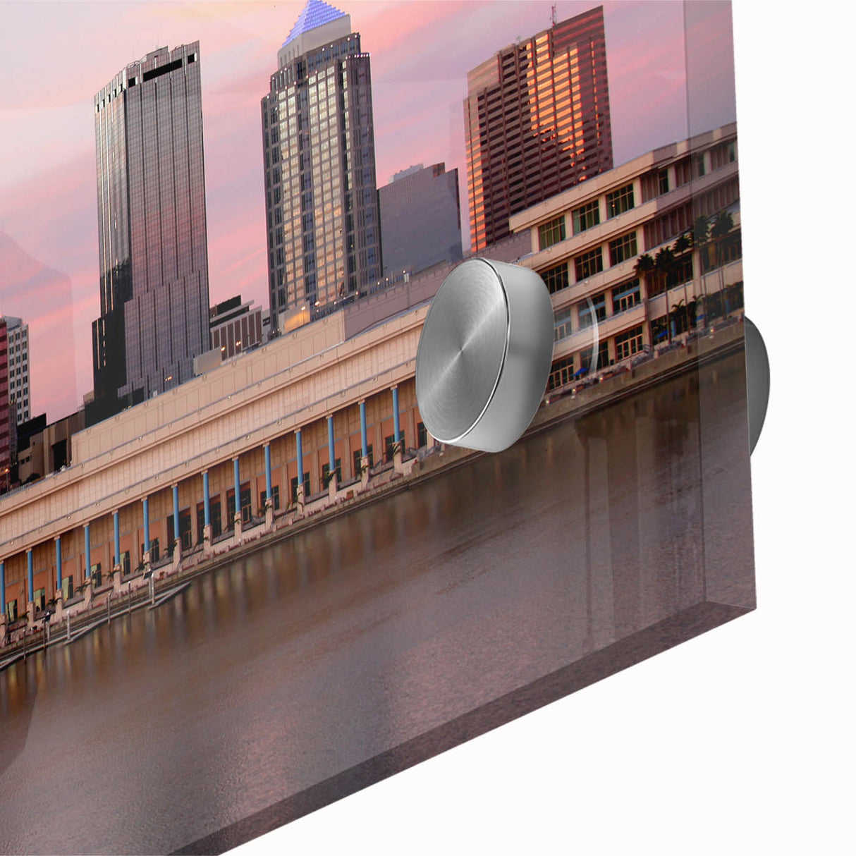 Large abstract depiction of Tampa skyline in muted blue and orange tones on acrylic glass, ideal for dining room art.