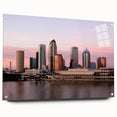 Acrylic glass print of Tampa skyline in muted blue and turquoise, ideal for modern dining room decor.