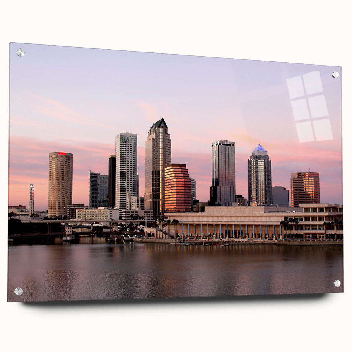Acrylic glass print of Tampa skyline in muted blue and turquoise, ideal for modern dining room decor.