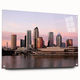 Acrylic glass print of Tampa skyline in muted blue and turquoise, ideal for modern dining room decor.